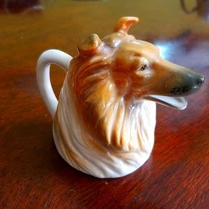1940s RARE HAND-PAINTED PORCLN CERAMIC COLLIE DOG SM PITCHER - MOUTH IS SPOUT
